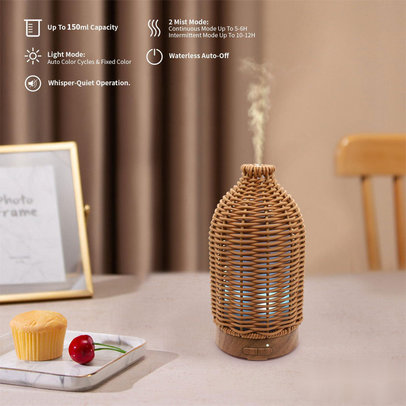 Diffuseur d'huiles essentielles - Diffuseur d'aromathérapie multifonctionnel 7 lumières à DEL changeantes de couleur 100 ml en rotin Facile à nettoyer Convient à la maison, au bureau (brun clair)