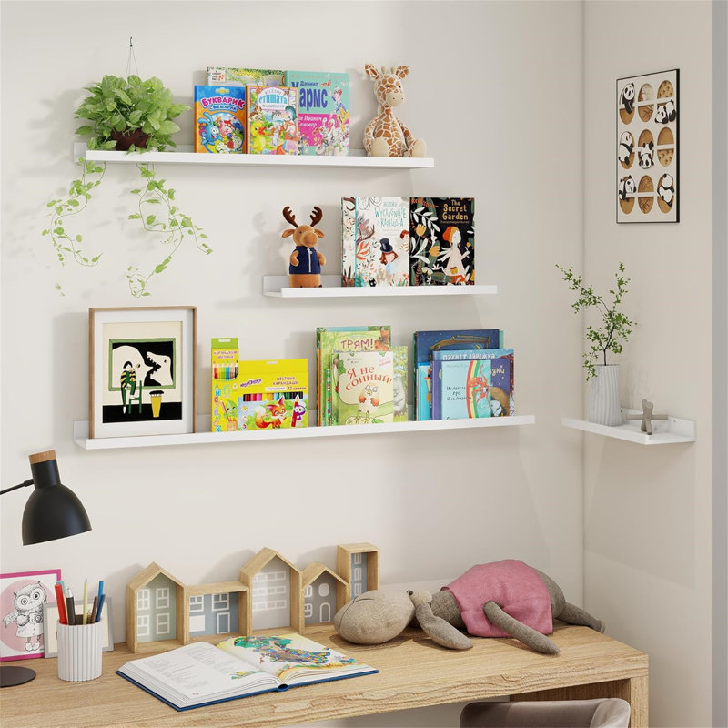 Rustic Floating Shelves Set of 3 with Lip, Picture Ledge Shelf for Nursery, Living Room – Multipurpose Storage Organizer, Bookshelf, & Photo Display Rack White