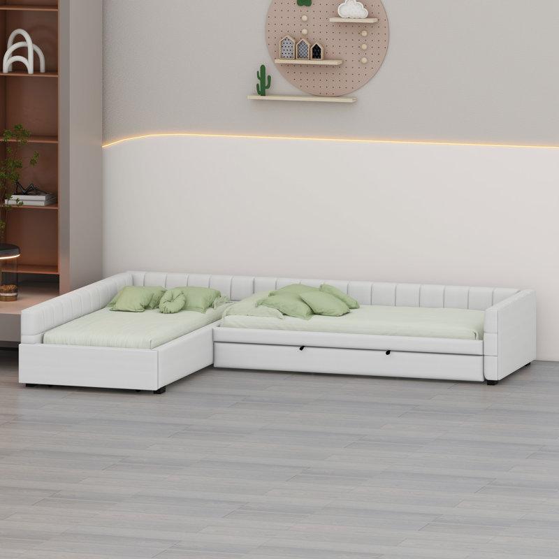 Lit de jour rembourré en L multifonctionnel avec couchette et tiroir, Beige