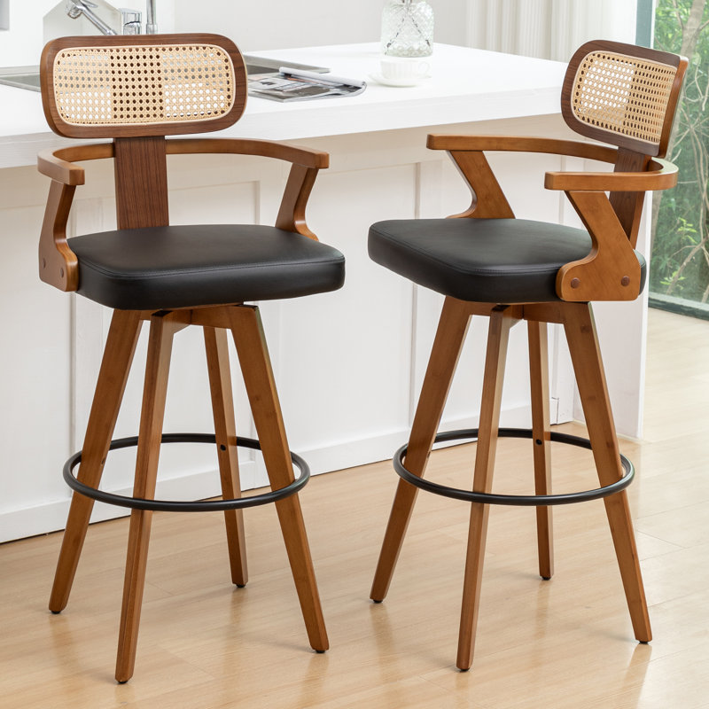 Swivel Upholstered and Faux Leather Bar Stool, Black, Bar Stool (77cm Seat Height)