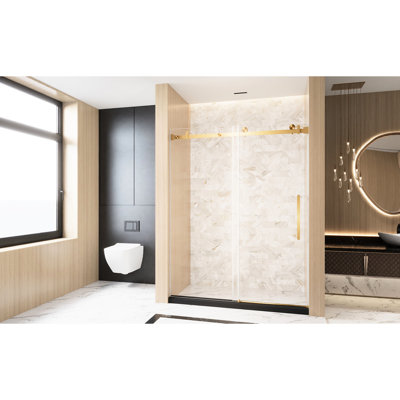 Porte de douche coulissante simple en or brossé de 56 à 60 po x H 76 po, verre trempé transparent de 1/4 po de 6 mm, film, rail et poignée en acier inoxydable, conception américaine, grandes roues pour un coulissement silencieux et efficace,