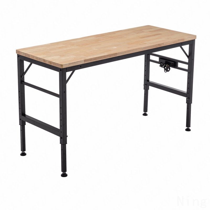 Établi à hauteur ajustable, poste de travail robuste à plateau en bois d'hévéa de 60 po avec prises de courant, table de travail en bois franc d'une capacité de charge de 2 000 lb pour atelier, garage, bureau, maison, commercial