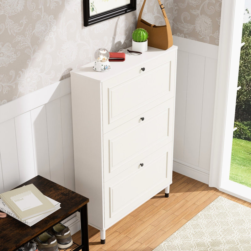 Meuble de rangement pour chaussures pour hall d'entrée, conception étroite avec 3 tiroirs rabattables, tablettes à deux couches, vertical pour 18 à 24 paires, vestibule blanc antique, système Smart Divide à tiroirs, compartiments résistants,