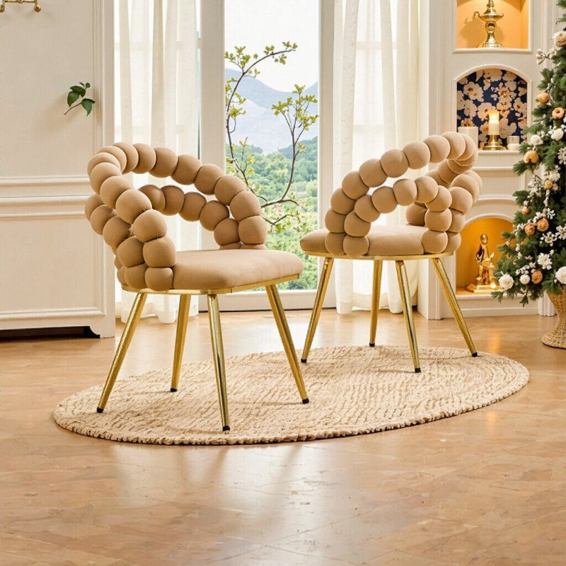 Chaise de salle à manger moderne en velours avec dossier à bulles et pieds en métal doré, ensemble de 2, Brun, doré