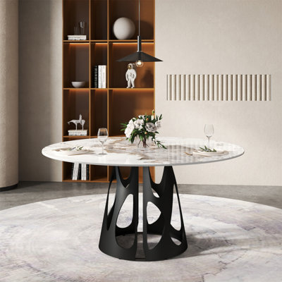 Table de salle à manger 59,05 po en marbre noir avec base en fer noir, marbre artificiel pour 6 à 8 personnes, table de salle à manger / salon