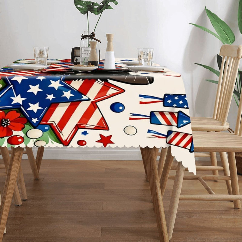 Tapis de table festonné 60 po x 120 po, motif de feu d'artifice de chat patriotique, décoration de fête de la fête de l'Independance