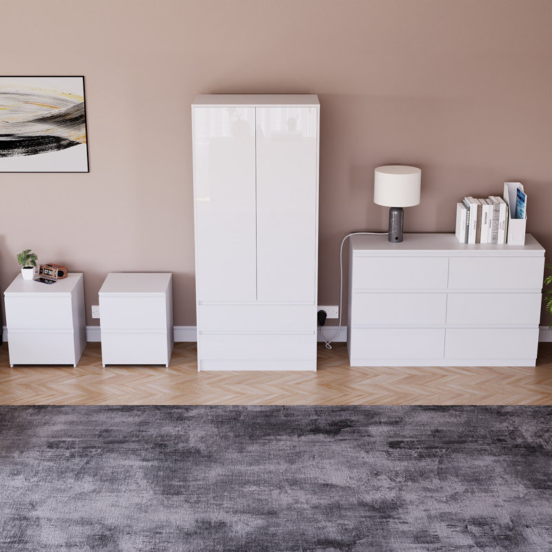 Taniesha 4 Piece Bedroom Set (2 Drawer Bedside Chest X2, 6 Drawer Chest, 2 Door 2 Drawer Wardrobe), (100% FSC), White