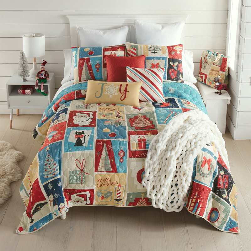 King Size Red and Multicolor Microfiber Reversible Quilt Set