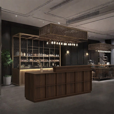 Comptoir de bar avec rangement ouvert, tiroirs verrouillables et porte-verres à vin - aucun assemblage requis