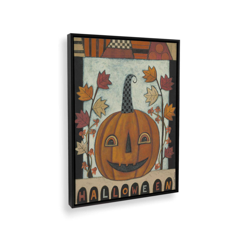 «Halloween Jack O'Lantern» par Bernadette Deming, reproduction d'art d'Halloween, L 30 x H 40, Noir, Toile avec cadre