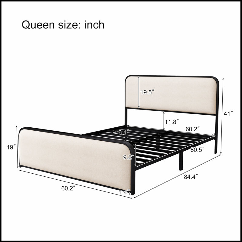 Structure de lit moderne en métal avec tête et pied de lit rembourrés courbés, rangement sous le lit pour plus de confort et d'organisation