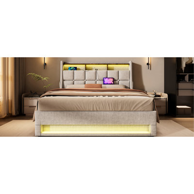 Upholstered Bed With Hydraulic Storage, Led, - Elegance Size Led Linen Covered Headboard