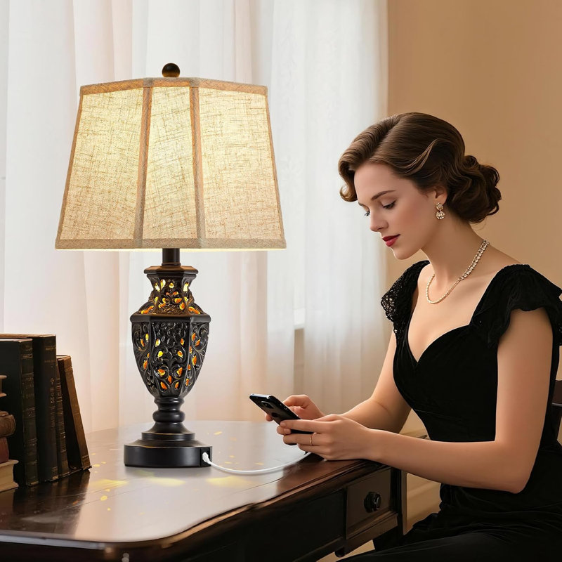 23.5" Vintage Bedside Lamps Set Of 2 With USB A+C And Nightlight - Retro Carved Resin Farmhouse Desk Lamp For Bedrooms, End Tables, Living Room, Bulbs Included
