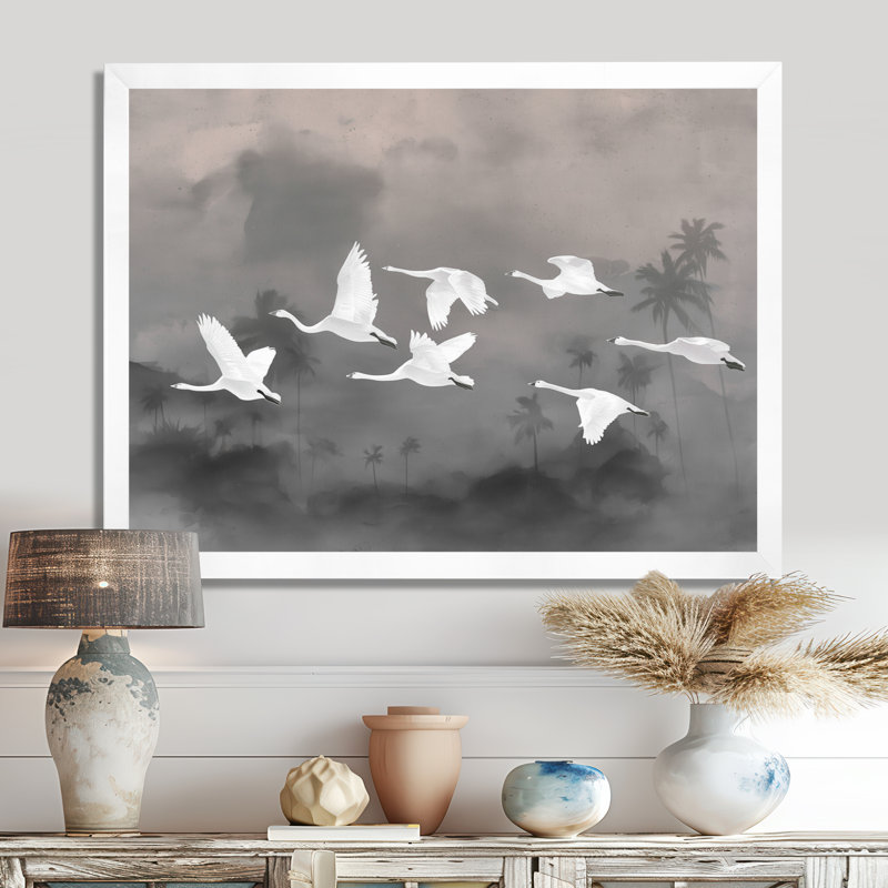 Blanc, cygnes émigrants vers la baie de Chesapeake, H 24 po x l 32 po, Picture Framed, Blanc