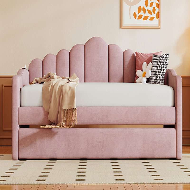 Structure de lit de jour simple rembourré avec couchette, canapé-lit en velours avec ports de charge USB, aucun sommier nécessaire, rose
