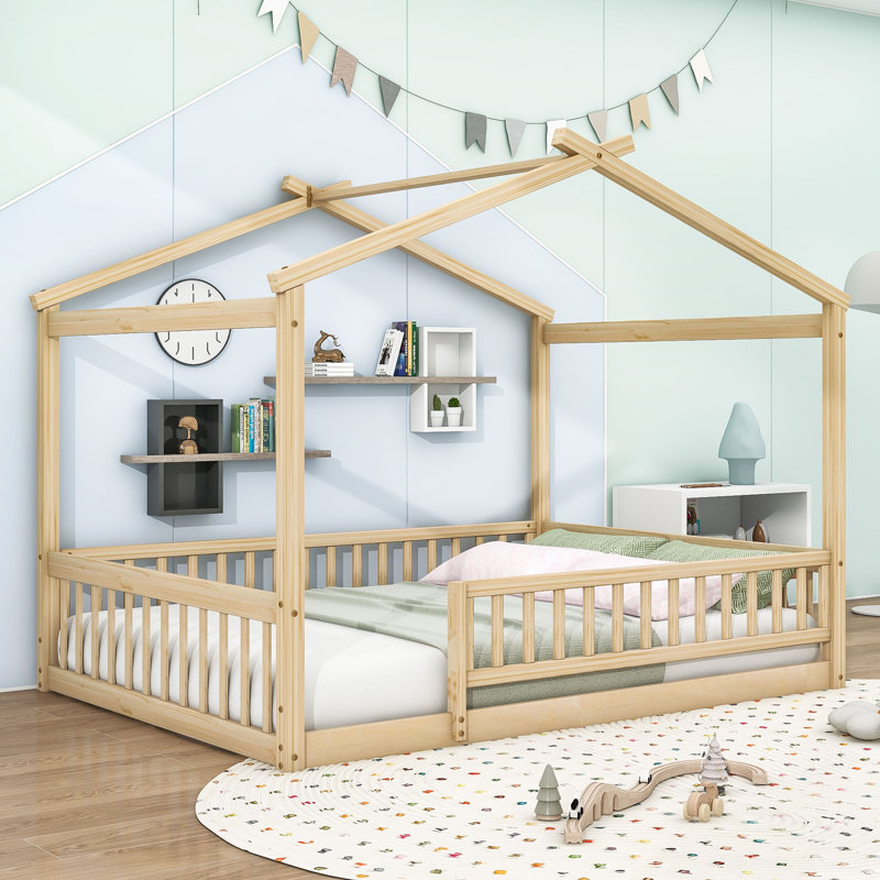 Vonie Wood Daybed with Roof and Slats, Natural, Full/Double