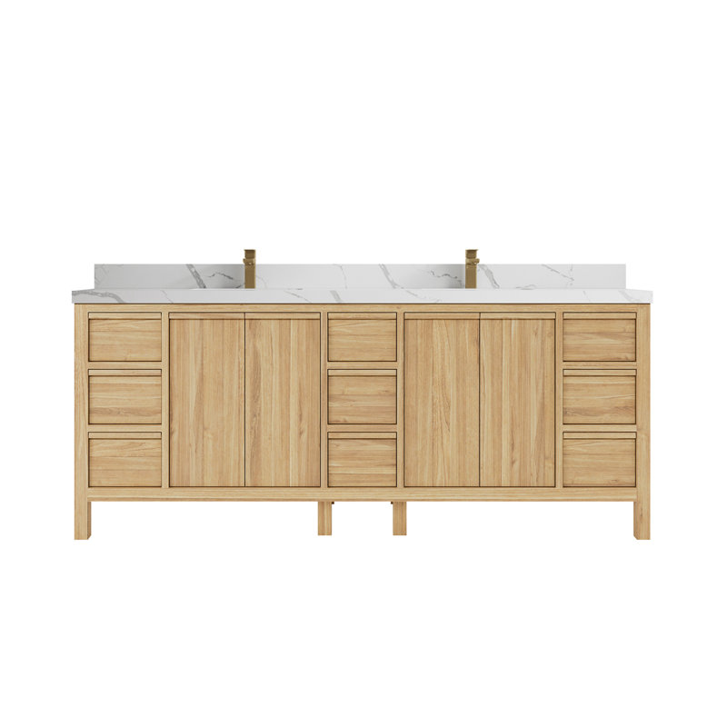 Elizabeth 84" Light Brown Teak Double Sink Bathroom Vanity with Calacatta Quartz Top