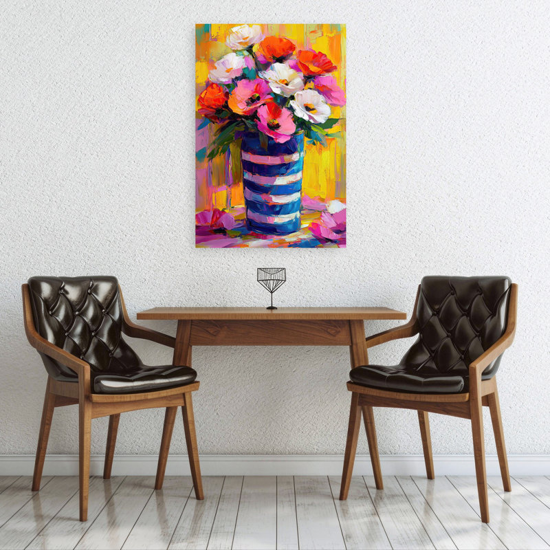 Vase rayé bleu coquelicots sur fond jaune, H 36 po x l 24 po