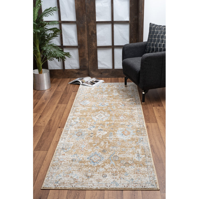 Gold and Beige 5' x 7' Stain-Resistant Synthetic Area Rug