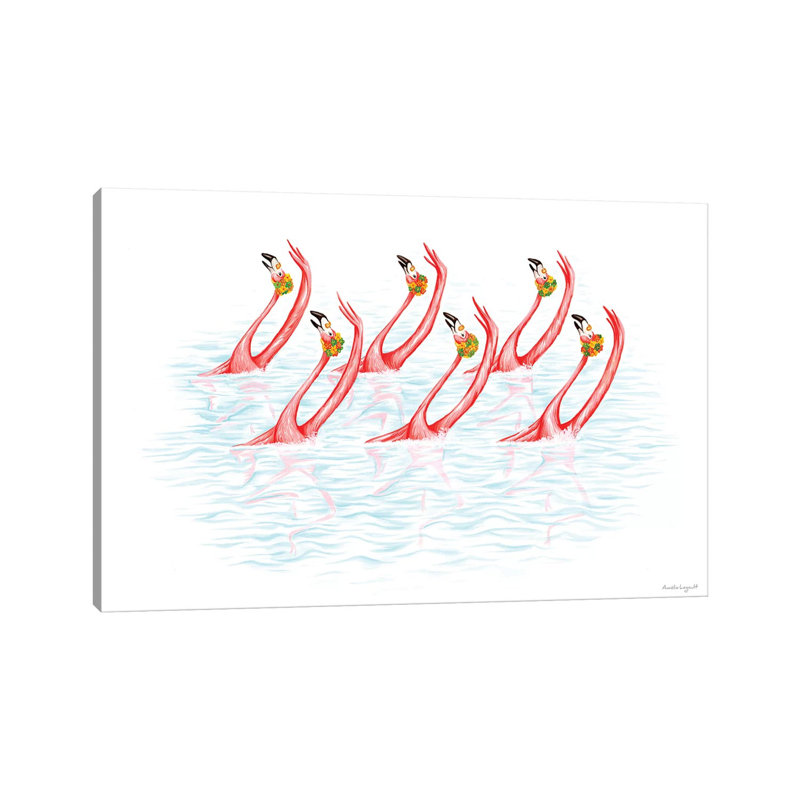 Flamingos Synchro Swim by Amélie Legault - Painting on Canvas, Wrapped Canvas, 30.48cm H x 45.72cm W x 1.91cm D