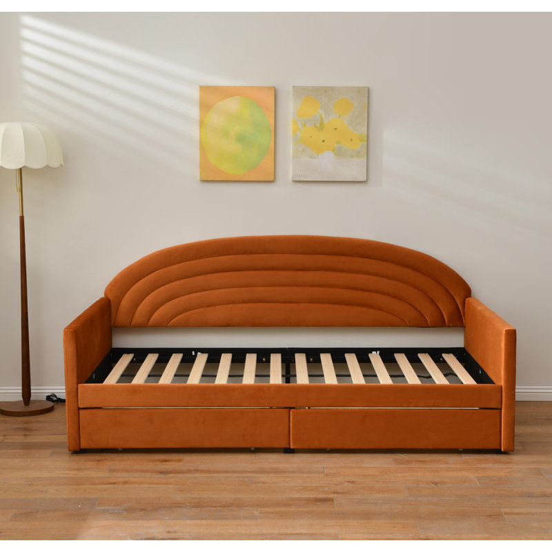 Upholstered Storage Daybed with 2 Drawers, Twin Size Multi‑Purpose Sofa Bed Frame, Solid Wood Slat Support for Small Space Bedroom