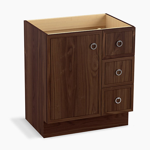 Base de meuble-lavabo 30 po Jacquard® seulement avec porte-pieds, 1 porte et 3 tiroirs à droite, Ratine couleur noyer