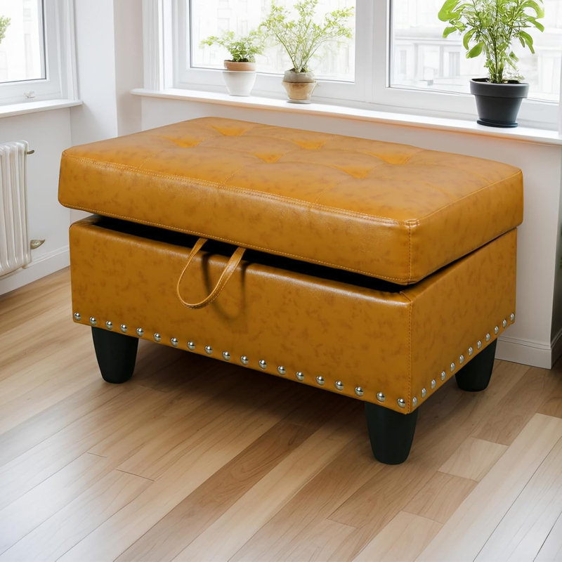 Tufted Storage Ottoman With Nailhead Trim, Ginger