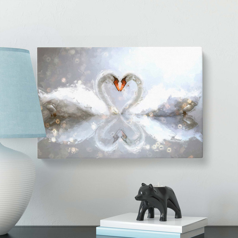Swans Forming A Love Heart In Abstract - Wrapped Canvas Painting, 60cm H x 91cm W x 3cm D