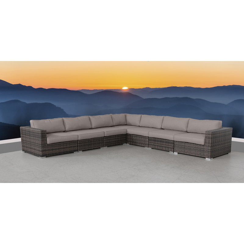 Foxtrot Fully Assembled 122'' Wide Outdoor Wicker Patio Sectional with Cushions, Sunbrella Taupe Cushion/Brown Frame