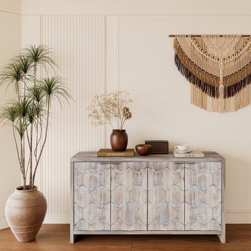 Buffet d'appoint 4 portes Accent Bois naturel lavé, style artistique, rangement de salon polyvalent, Bois naturel délavé