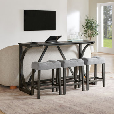 59 Inch Bar Table, Dining Table, Sofa Table With Power Outlet, 3 Upholstered Stools, 4 Piece Bar Table And Chair Set For Living Room, Dining Room, Kitchen