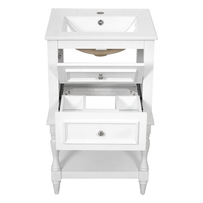 Meuble-lavabo de 20 po avec lavabo en céramique, armoire de rangement avec tablette ouverte, armoire de salle de bain rétro avec 2 tiroirs