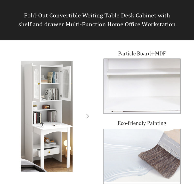 Fold-Out Convertible Writing Table, Desk Cabinet With Shelf And Drawer Multi-Function Home Office Workstation, White
