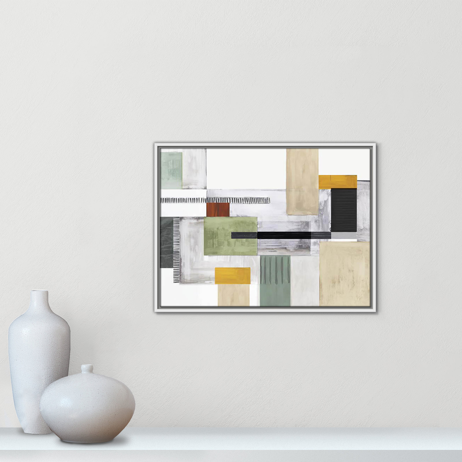 Playful Blocks Print by Tom Reeves, 19.5" H x 25.5" W x 2" D, White Floater Framed, No Mat