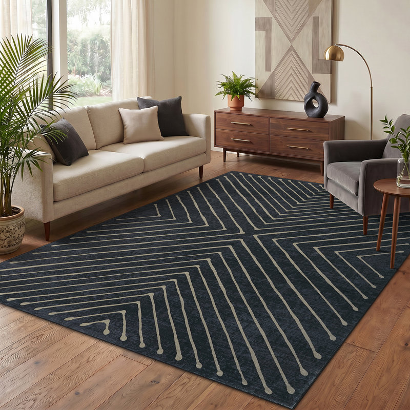Tapis d'intérieur moderne à rayures pour salon, chambre, salle à manger ou bureau., Noir, 9*12