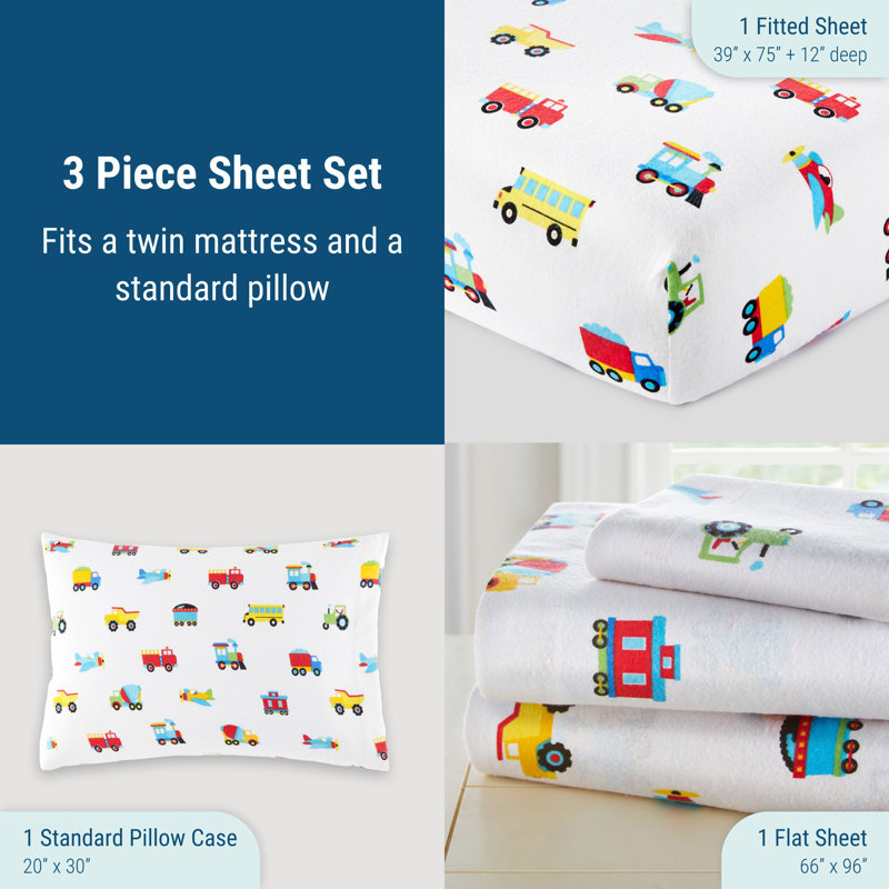 Wildkin Flannel Twin Sheet Set – 100% Cotton, Soft & Cozy Bed Sheets -  Trains, Planes, and Trucks