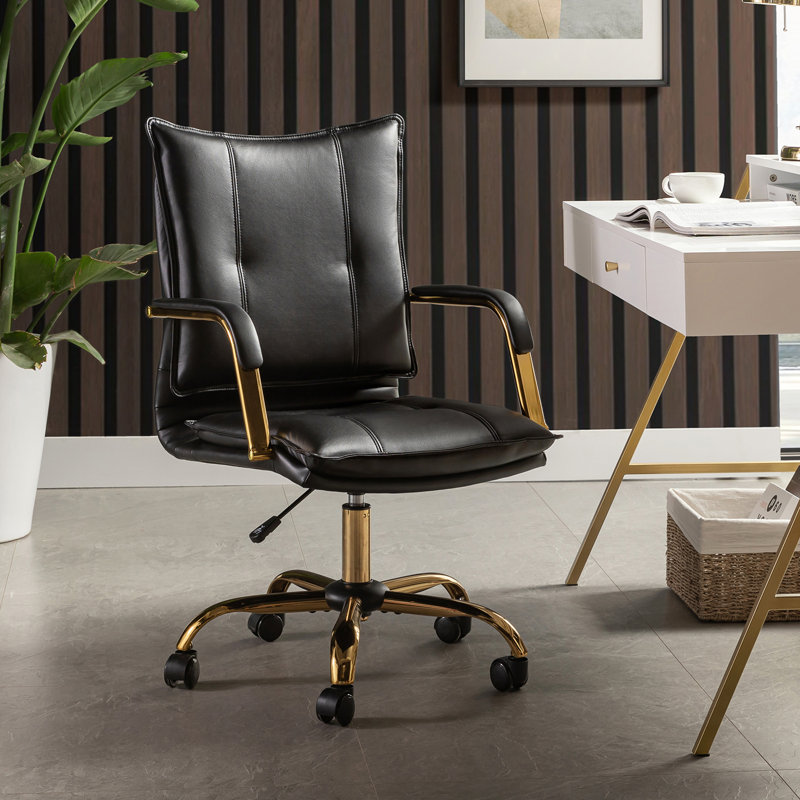 Gedrie Modern Faux Leather Swivel Office Chair, Black, Gold