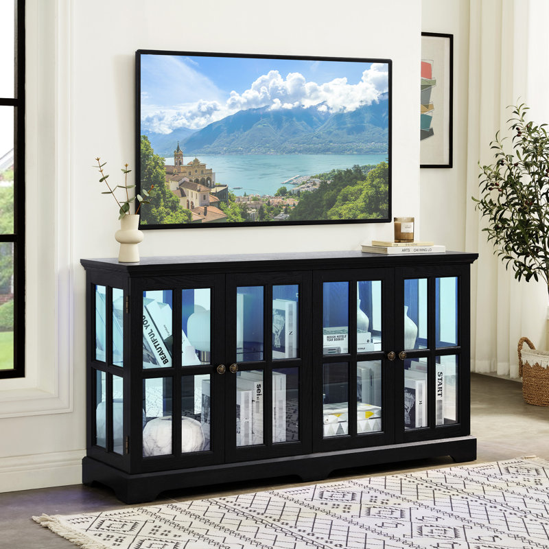 Four - Door Black Glass Antique Cabinet With Adjustable Shelves, 7 Color Controllable Led, And Elegant Design Elements Display Led Strip, Base