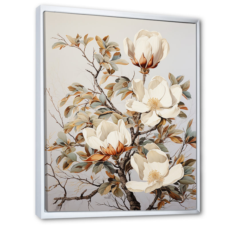 Art beige de Magnolias II sur toile, Cadre flottant blanc, H 20 po x l 12 po x P 1 po
