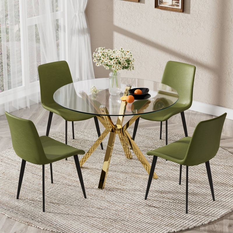 Ensemble de salle à manger Modern, 5 Pieces: Table, 4 Chairs, Green, Gold