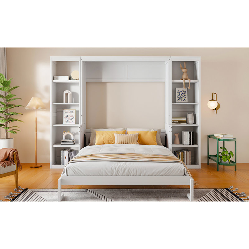 Grand lit avec bureau et bibliothèque à livres, bibliothèque fiable et peu encombrante, bois de pin massif. Pour la chambre à coucher. Aucune boîte à ressorts nécessaire. Vaste espace de rangement. Pliable