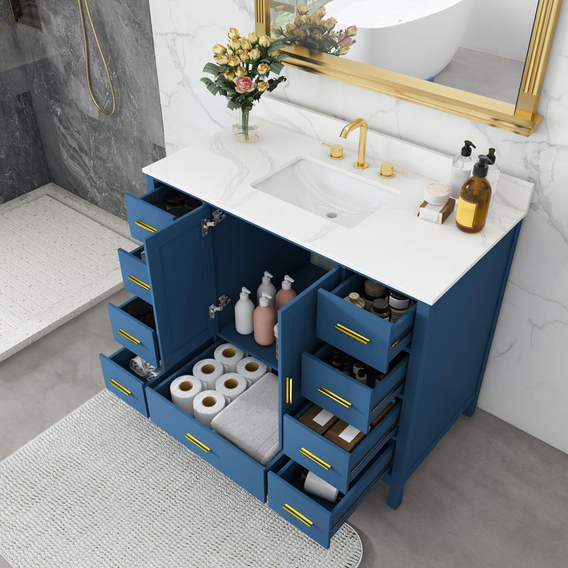 Meuble-lavabo moderne avec comptoir en quartz blanc de Carrare, Blue, 43