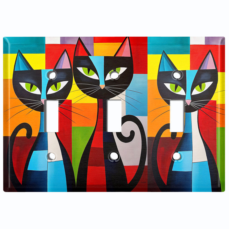 Couvercle de plaque d'interrupteur en métal; Bascule standard à 3 bandes US - chats abstraits, Triple # 3