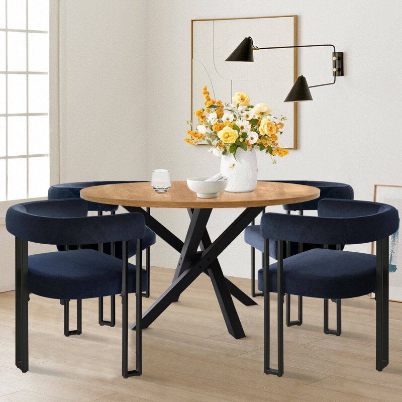 Dulcine 4 - Person Dining Table Sets With 46'' Round Table & 4 Upholstered Velvet Chairs, Blue