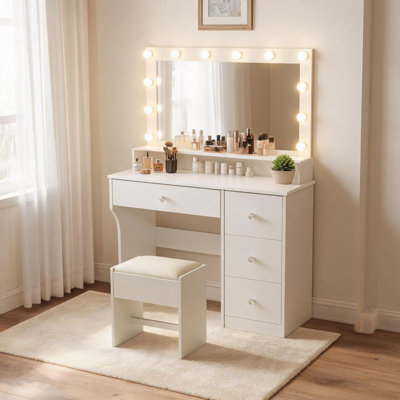 Coiffeuse blanche à 4 tiroirs avec miroir à ampoule et rangements latéraux