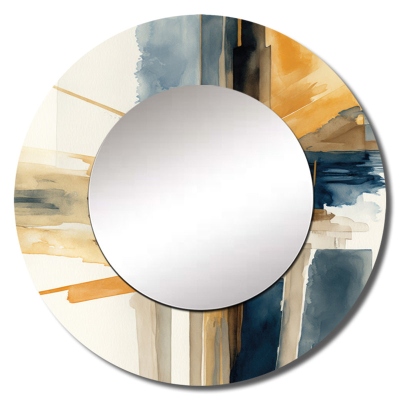 Orgesa moderne aquarelle abstraite I - miroir mural spirales abstraites, miroir décoratif rond bleu, impression d'art en métal