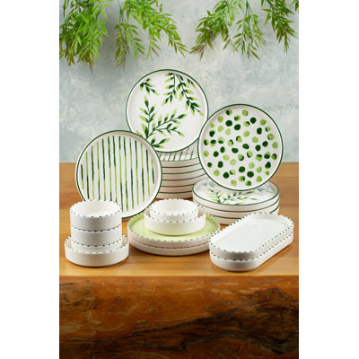 Elegant 22-Piece Breakfast Set, 100% Ceramic, Green & White | Includes 14 Plates (7.5 in), 2 Platters (9.8 x 4.3 x 1.4 in), 4 Bowls (4.1 x 4.1 x 1.4 in), 2 Large Bowls (5.1 x 1.4 in) | Dishwasher Safe, Perfect for Stylish Dining & Entertaining