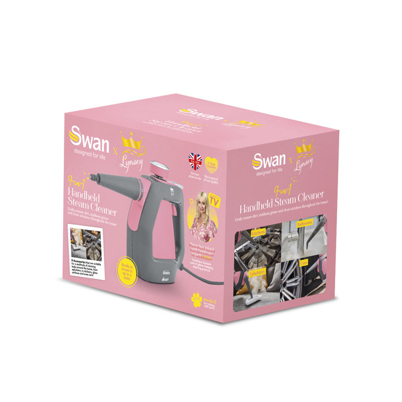 Swan x TV’s Queen of Clean SC17350QOCN Handheld Steam Cleaner with 3 Steam Pressure Settings, 22-28g/min Steam Rate, 9 Attachments and Extra-Long 5m Cable, 220ml, Pink