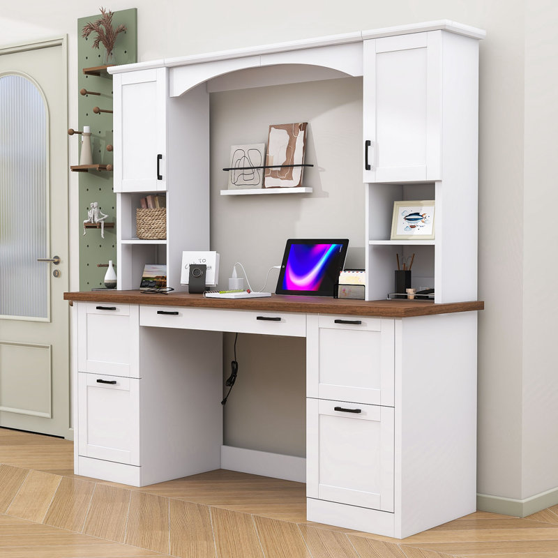 Bureau d'ordinateur arqué moderne avec huche, station de charge intégrée, plateau coulissant et grand espace de rangement