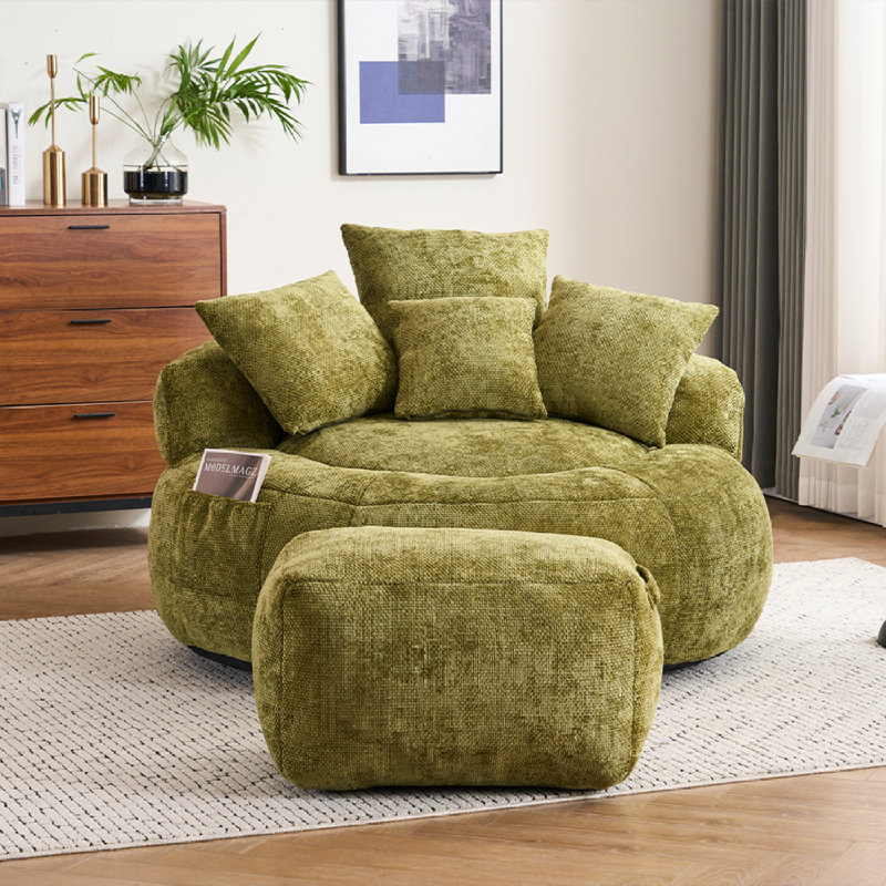 Fauteuil à billes avec repose-pieds, Chenille vert olive